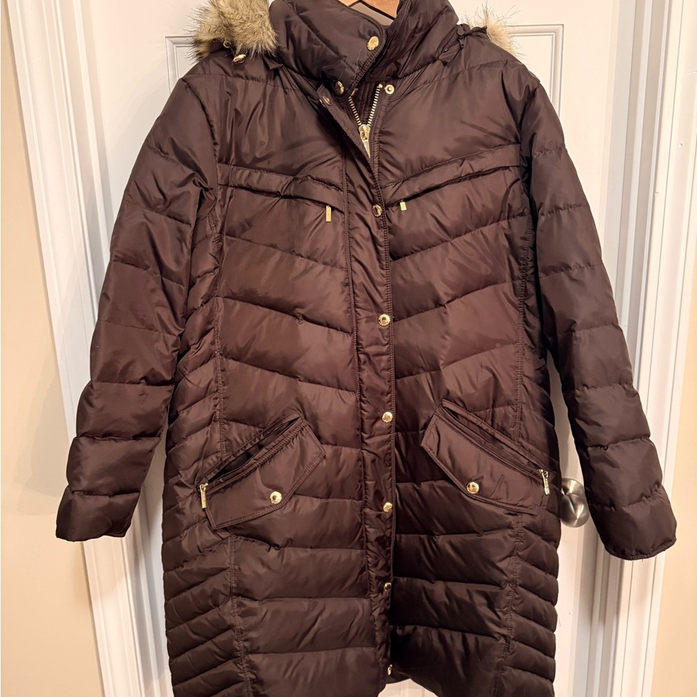 MICHAEL Michael Kors Dark Brown Puffer Coat with Fur Trim